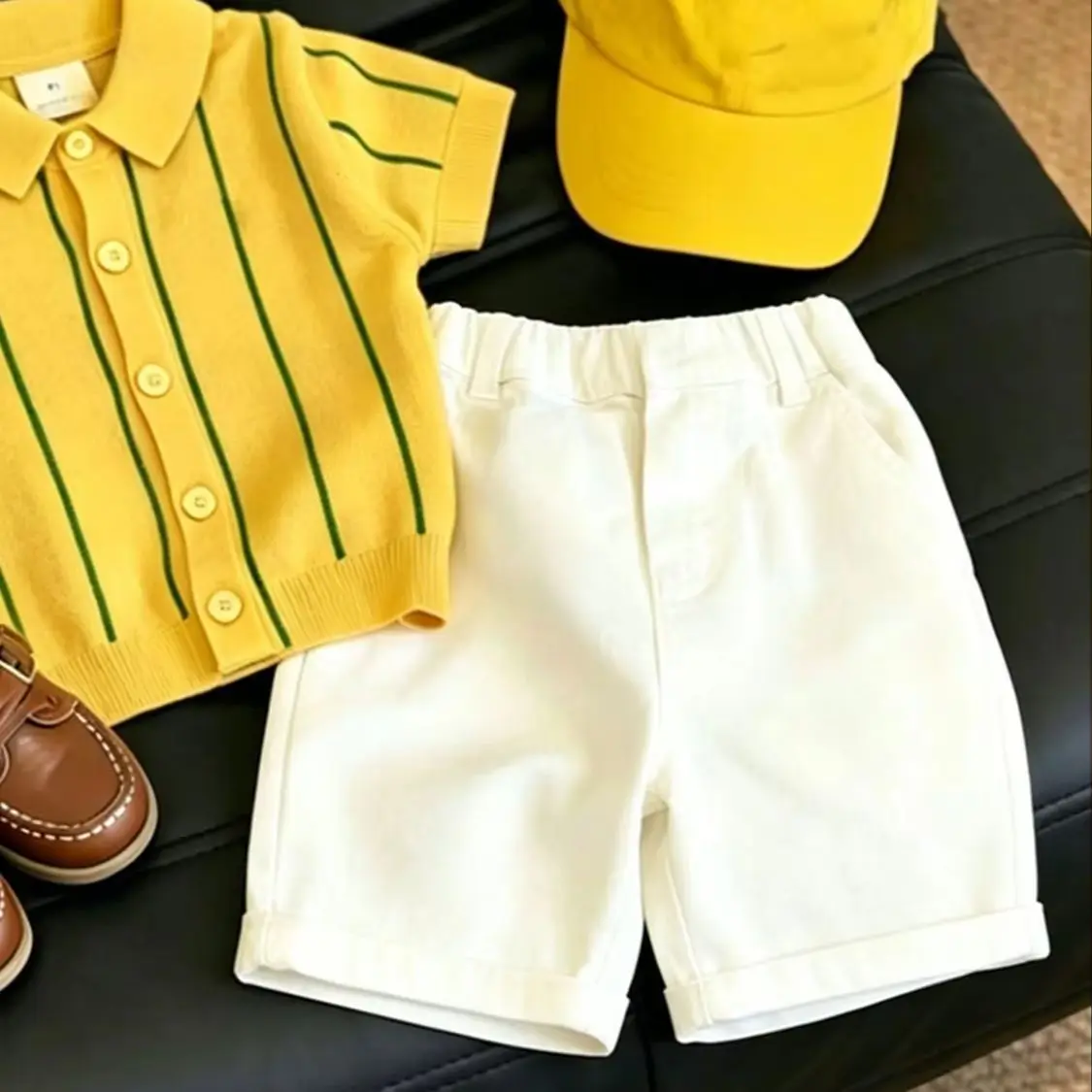 

Children's Set Summer New Boys' Yellow Striped Ice Silk Knitted Short Sleeve Top+Casual Shorts 2-piece Set