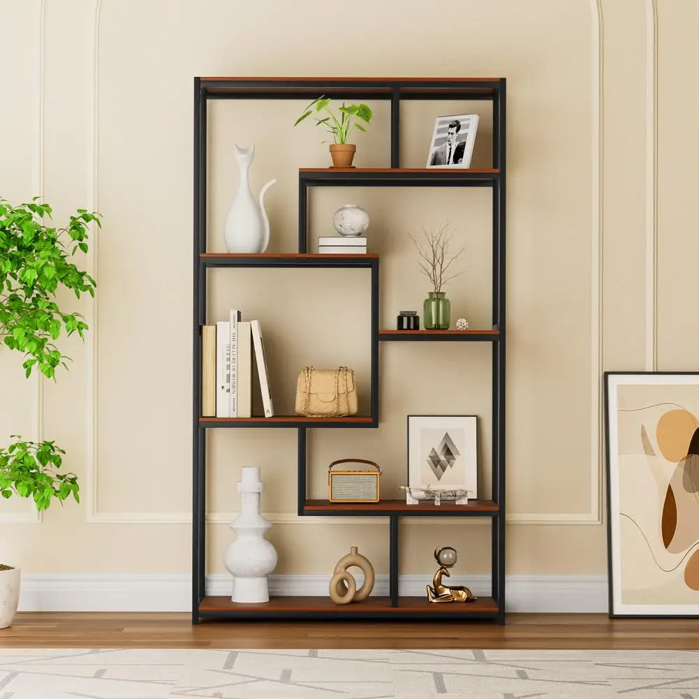 Tiered Freestanding Floor Display Shelf, Wood And Metal Corner Etagere Bookcase for Tea Room, Living Room, Ebony