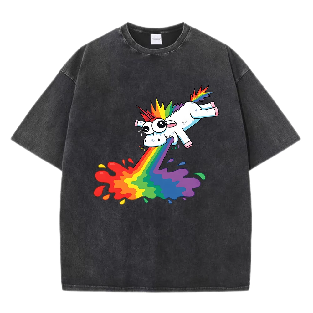 

The Unicorn Spraying Rainbow Prints Washed T-Shirts Men Cotton Hip Hop T Shirt Casual Short Sleeve Soft Loose Streetwear