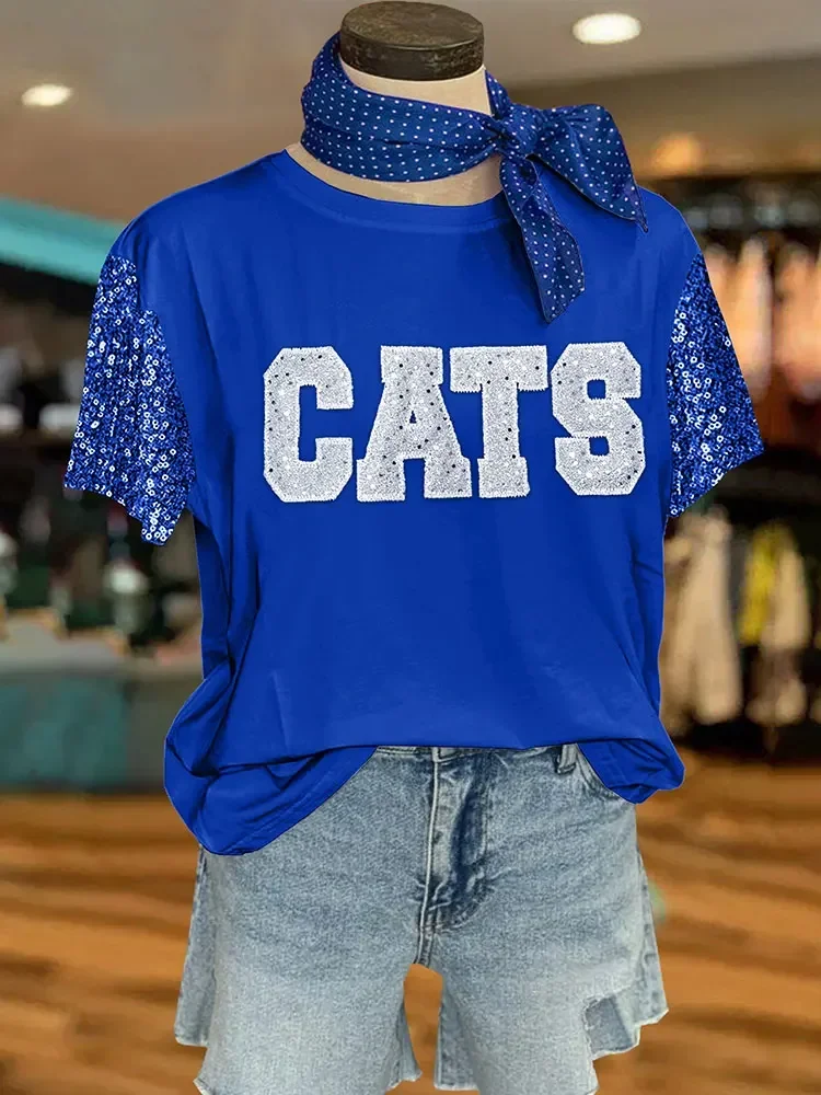 Casual Cats Sequin Sleeve Top Woman Gameday T-Shirts