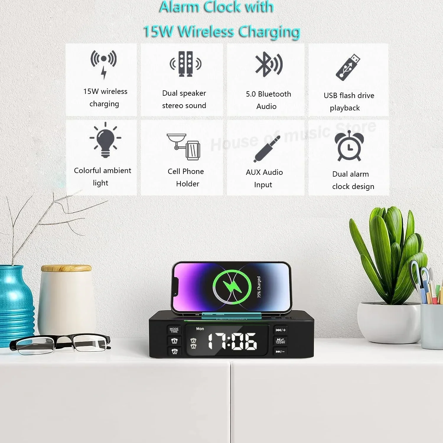 Mobile Phone Holder with Bluetooth Speakers and Clock 15W Wireless Charger Home Desktop Audio Player for Men's Cool Gadgets