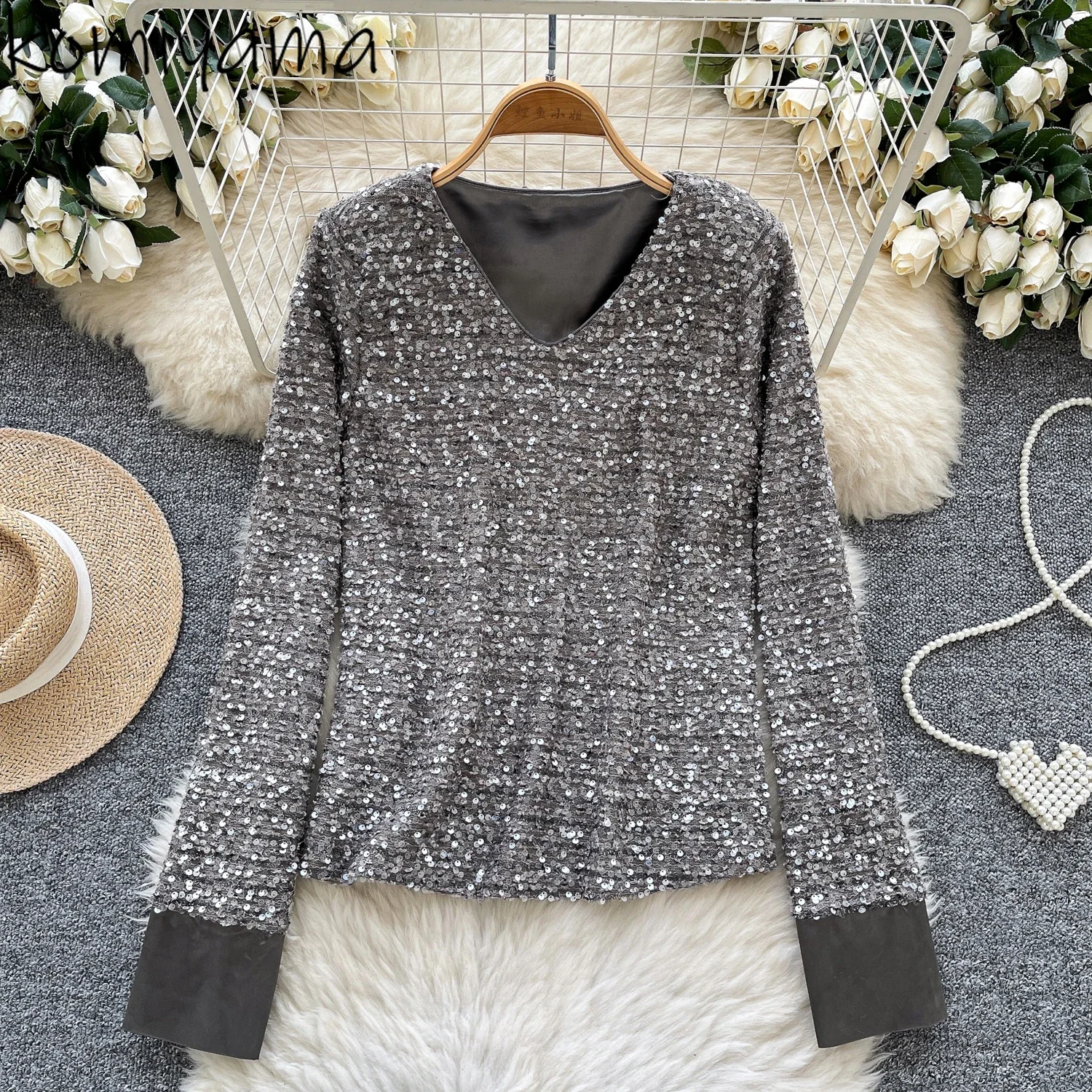 Bling Sequined Ropa Mujer V-neck Long Sleeve Women Clothing Advanced Sense Clothes Moda All-match Camisetas Spring New Tops