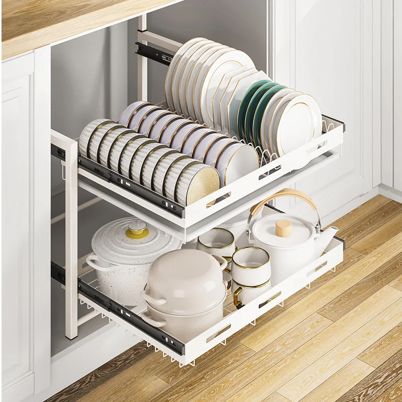 Punch free kitchen pull basket, double layer drawer style seasoning dishes, tray storage, pull-out, and shelf with built-in cabi