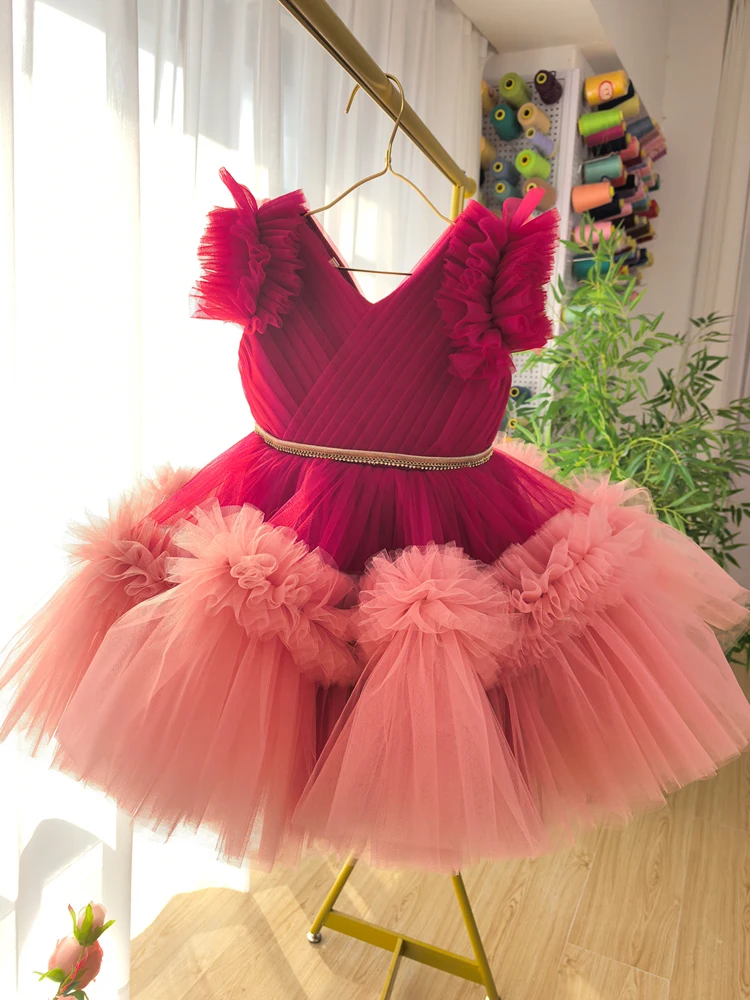 Girls Fuchsia Princess Dress Children's Birthday Birthday Piano Performance Tuff Mesh Dress Flower Girl Dress