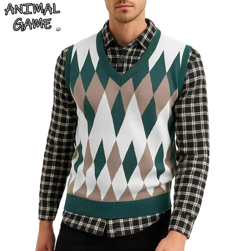 

Animal Game Mens Argyle Knitwear Vest V Neck Sleeveless Casual Sweaters Knitted Pullover Outdoor Cold Blouse Streetwear Tank Top