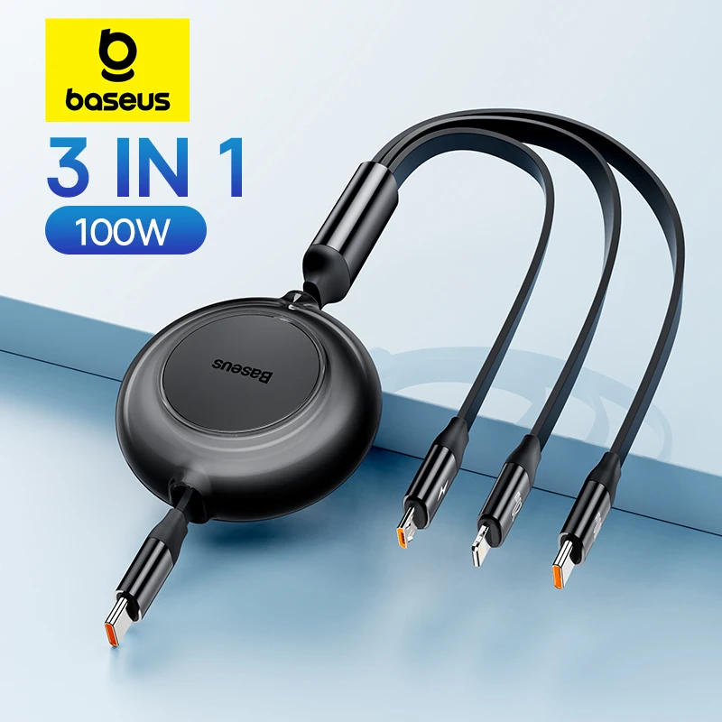 Baseus Chowany kabel ładujący USB C 100 W 3 w 1 do Macbooka Samsung Xiaomi Kabel ładujący typu C do iPhone 12 13 14 15