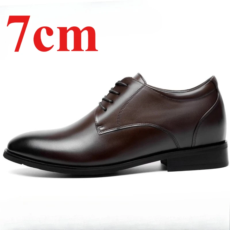 Brown Business Derby Shoes 7cm Elevator Men's Dress Shoes Genuine Leather Wedding Comfortable Invisible Height Increasing Shoes