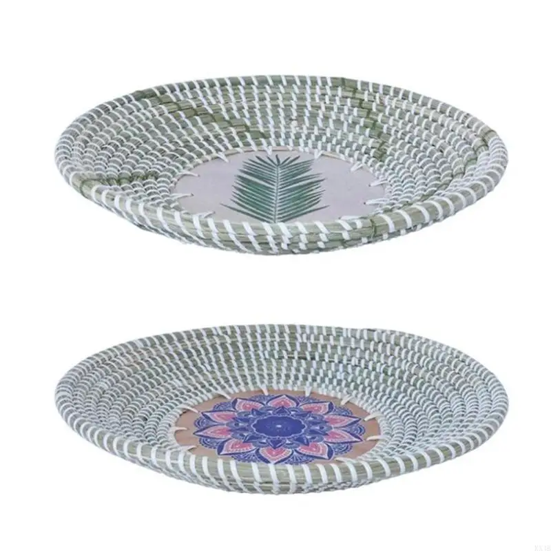 KX4B 1/2pcs Cesta pared colgante hecha a mano Redonda hierba marginato colgante bandeja decorativa