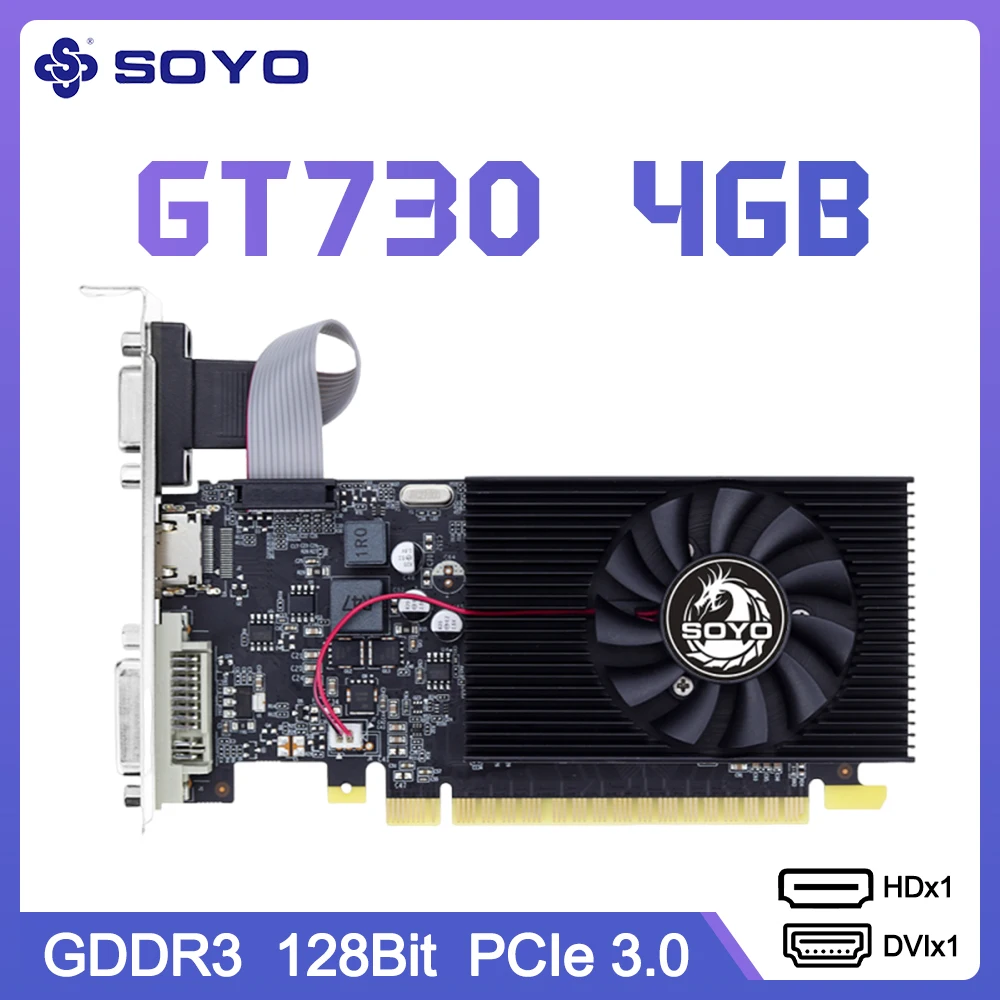 

SOYO Geforce GT730 4GB Graphics Card GDDR3 GPU 128Bit HDMI-compatible VGA DVI PCI-E 3.0 Placa De Video Supports Multiple Display
