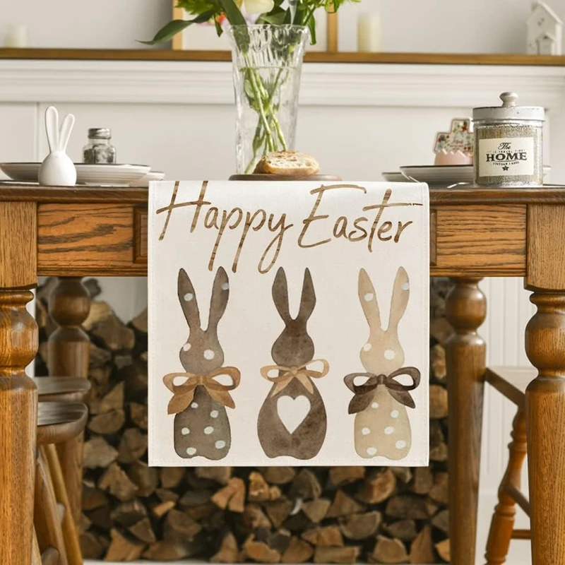 Easter Bunny Table Runner Linen Gnome Eggs Rabbit Dining Table Cloth Easter Placemat Decoration For Home Kitchen 2024 Spring