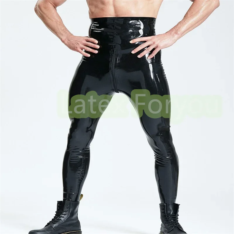 

Handmade Black Mans Natural Latex Gummi High Waist Pants With Socks Rubber Leggings With Crotch Zip