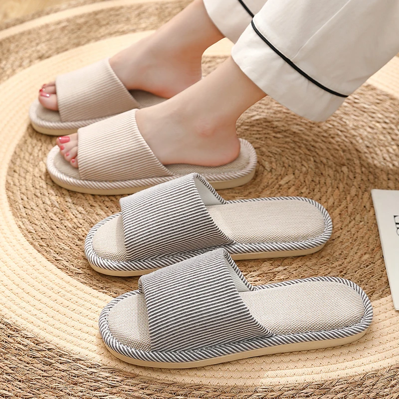 Striped Home Slipper Men Cartoon Bear Capybara Stripe Autumn Linen Flip Flops Indoor House Non Slip Sandals Shoe Women Flat Flax