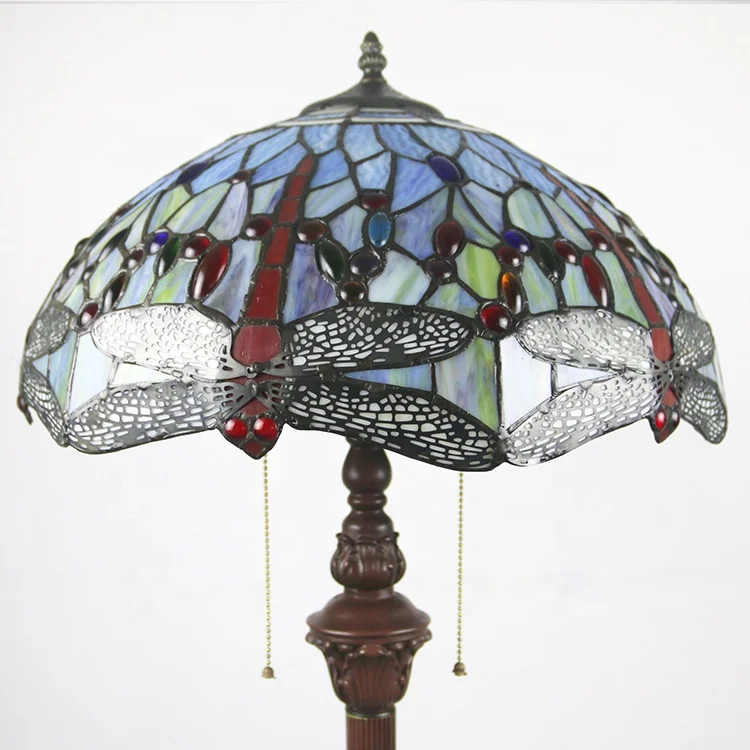 LongHuiJing 16 Inch Tiffany Floor Lamp with Handmade Colorful with Offwhite Dragonfly Pattern Shade