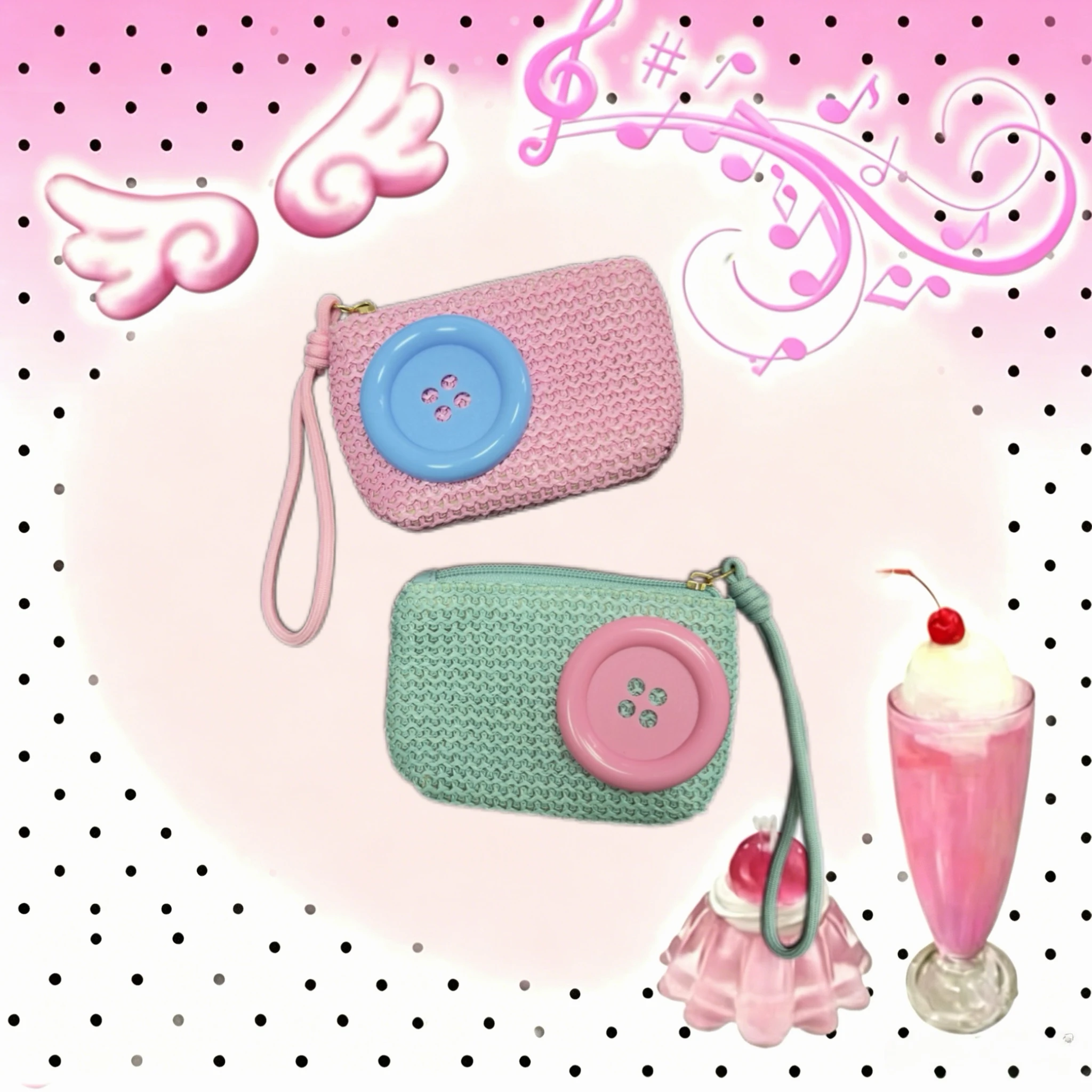 Y2K Hollow Weave Textured Coin Purse Kawaii Pastel Button Wristlet Bag Women Small Card Holder Outdoor Shopping Storage Bag