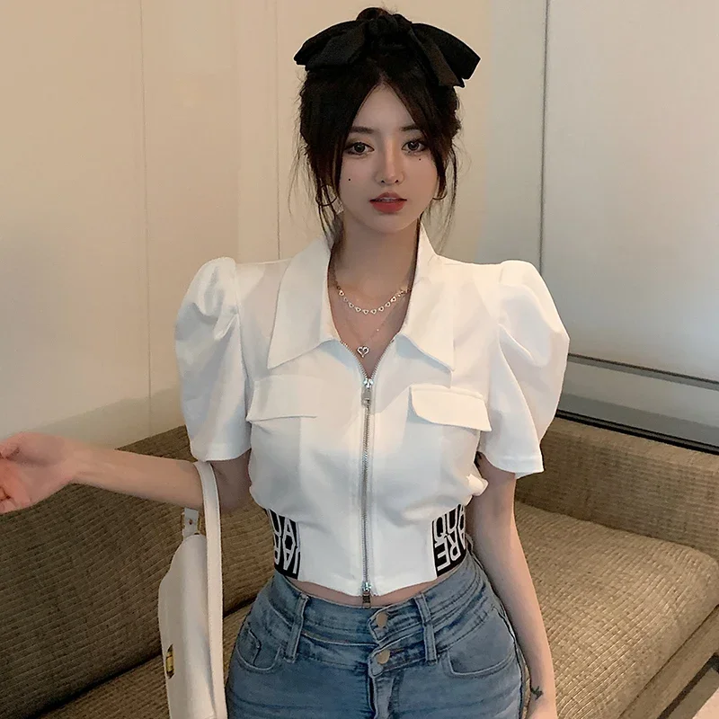 

Korean Tunic White Blouse 2024 Blusas De Mujer Summer Blouses for Women Puff Sleeve Zipper Crop Tops Temperament Shirts Fashion