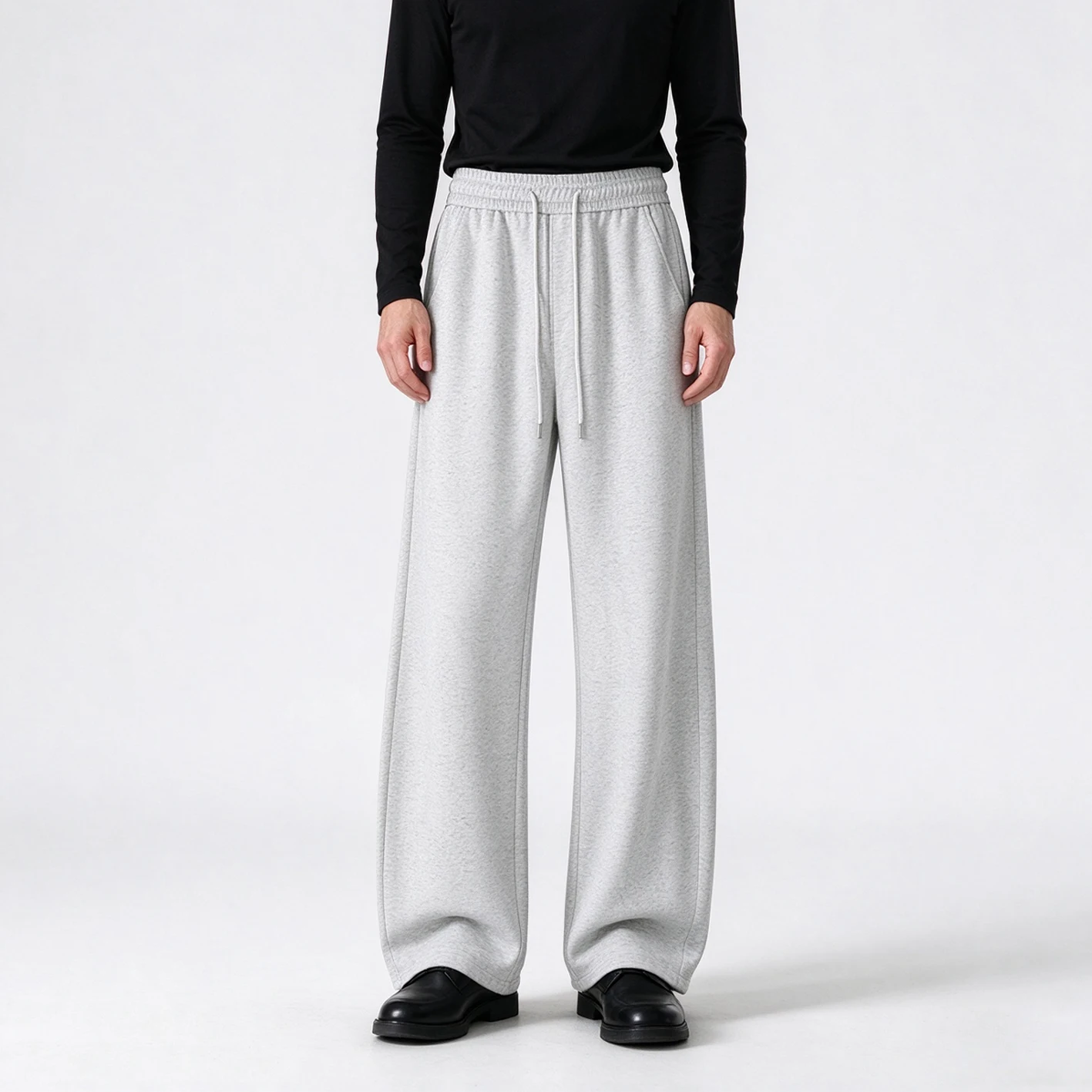 Men Heather Gray Wide Leg Sweatpants Elastic Drawstring Waist Straight Loose Casual Trousers Streetwear Solid Color Long Pants