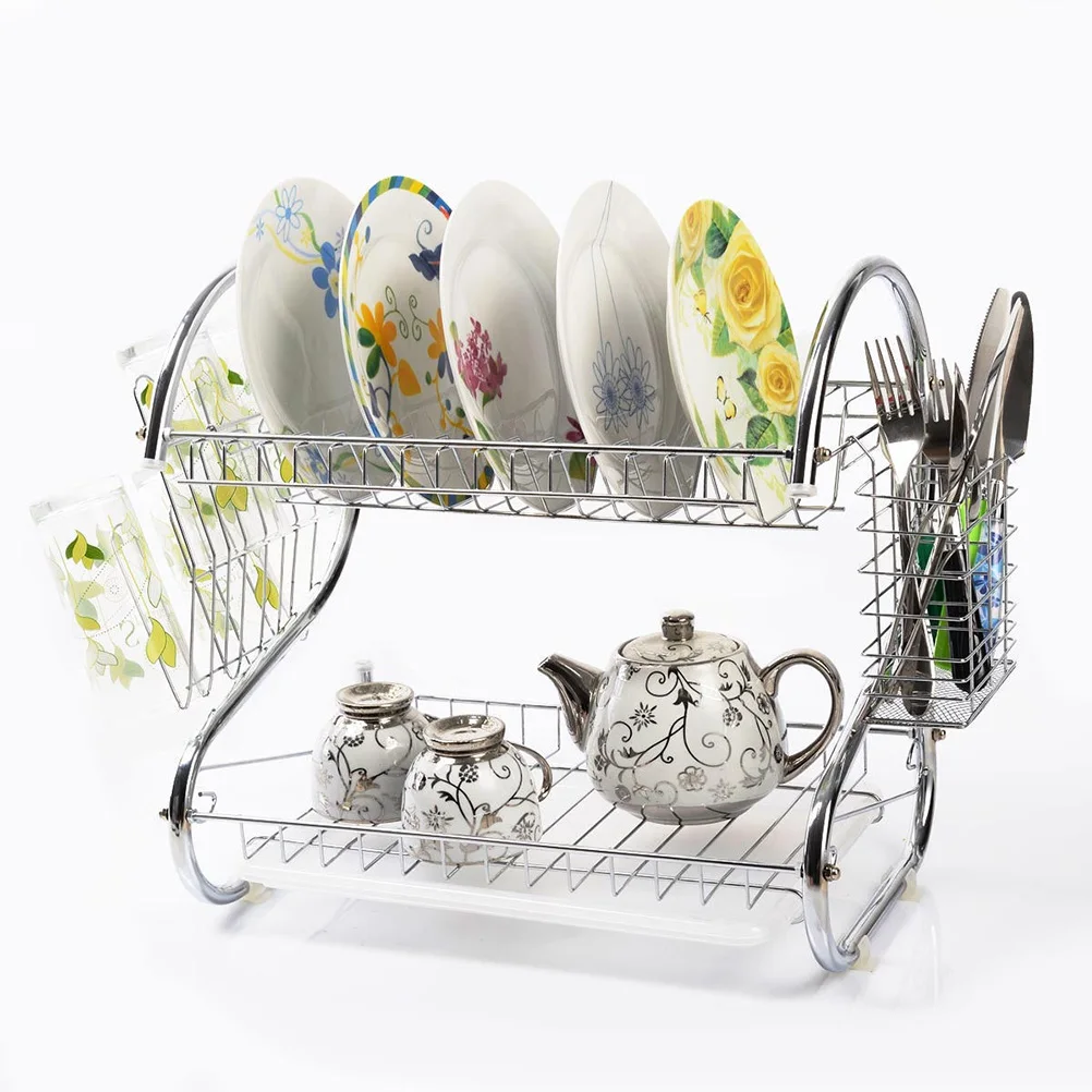 

Kitchen Dish Drying Rack 2 Tier Stainless Steel Cup Holder Drain Rack Counter Storage Shelf Utensil ganizer Space Saver