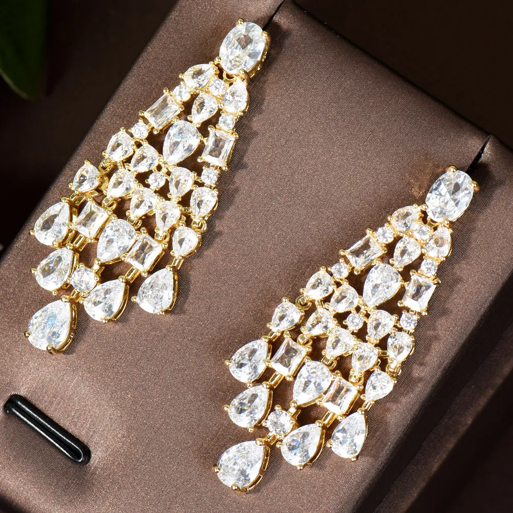 HIBRIDE Classic Round Water Drop Design Silver Color Crystal Women Dangle Earrings With CZ Stones Dubai Nigeria Wedding E-457