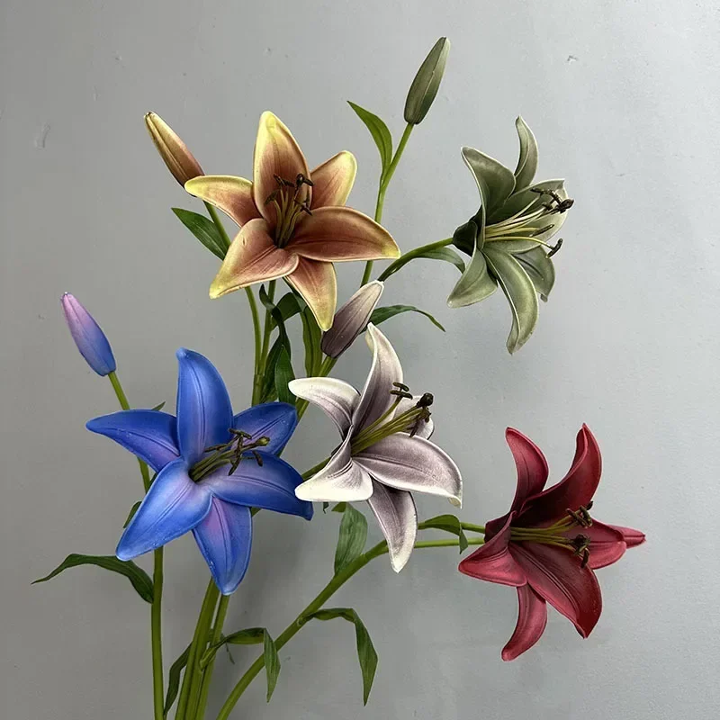 66cm Artificial Lily Branch PU Fake Flower Shopping Mall Decorative Simulation Lilies Purple Red Flowers Office Decoration