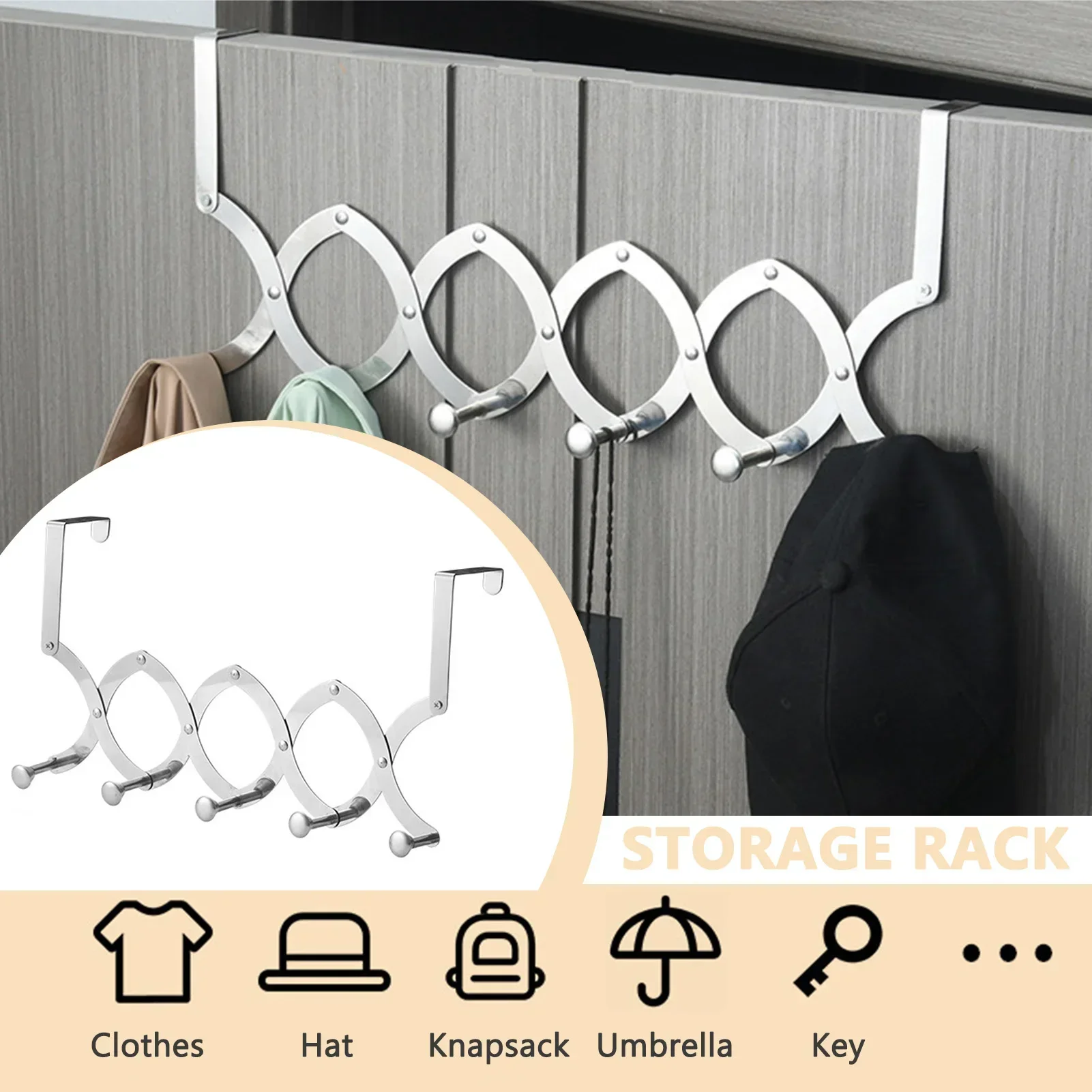 

Retractable Hook Behind the Door,Stainless Steel Rack with 4/5/ 6 Hooks,Heavy-Duty Hanger for Towels,Coats,Bag,Hat,1 Pack