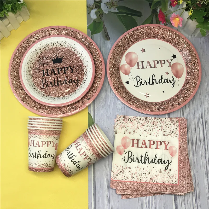 Rose Gold Glitter Happy Birthday Disposable Party Tableware Paper Plates Cups Napkins Girls Women Birthday Party Table Supplies