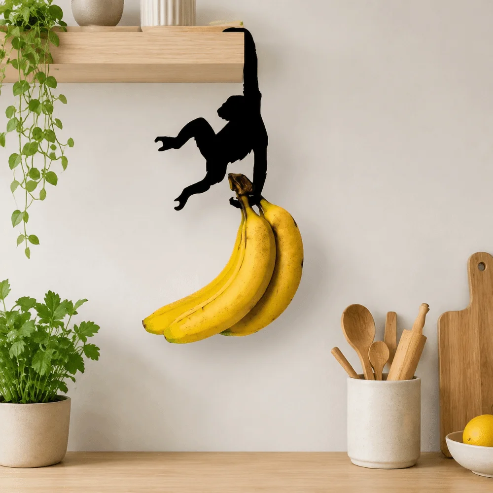 Monkey Shaped Wall Decoration Hook Creative Storage Rack Banana Balance Hook Wooden Punch-free Under Cabinet Organizer Hooks