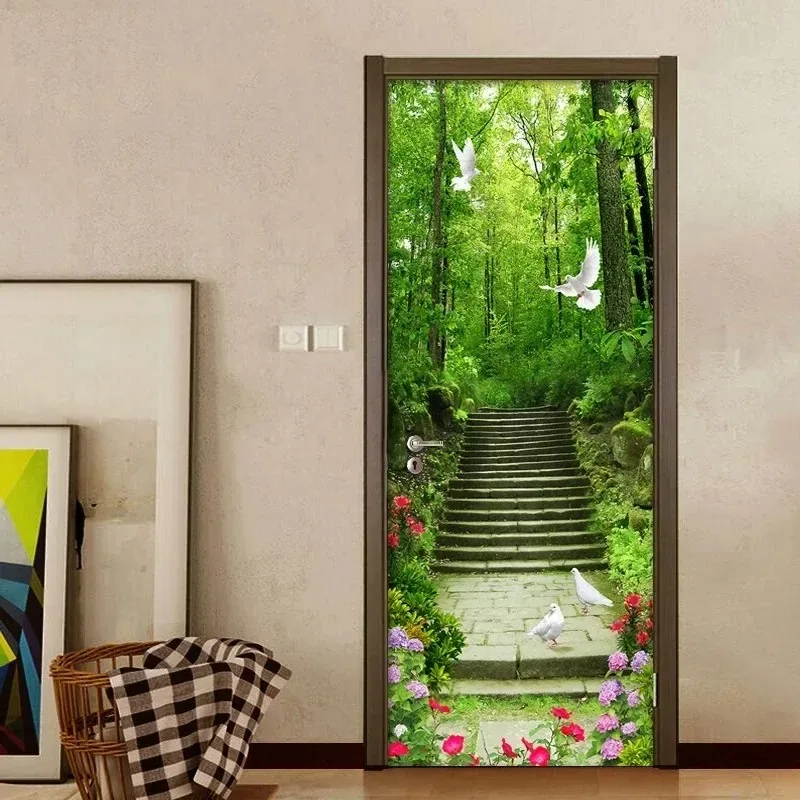 Lush Green Forest 3D Door Sticker Self-Adhesive Realistic Door Mural for Bedroom Cabinets Wardrobe