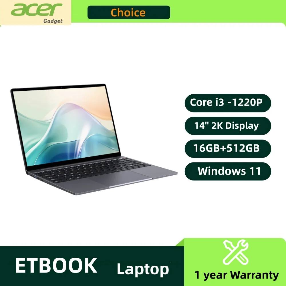 Acer Gadget e10 ETBook Gaming Laptop Intel Core i3-1220P 16GB RAM 512GB SSD 14" 2K IPS Screen WiFi6 Windows 11 Computer Laptops