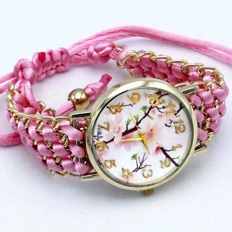 Shsby New Ladies Flower Hand Knitted Wristwatch Gold Women Dress Watches High Quality Fabric Quartz Watch Sweet Girls Watch