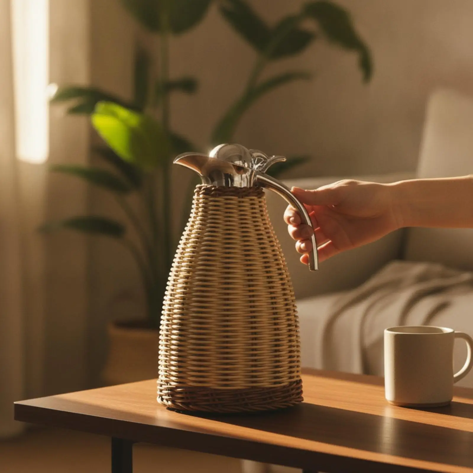 304 Stainless Steel Thermal Carafe Pitcher with Woven Rattan Cover Insulated Bottle for Household Kitchen Tabletop Use