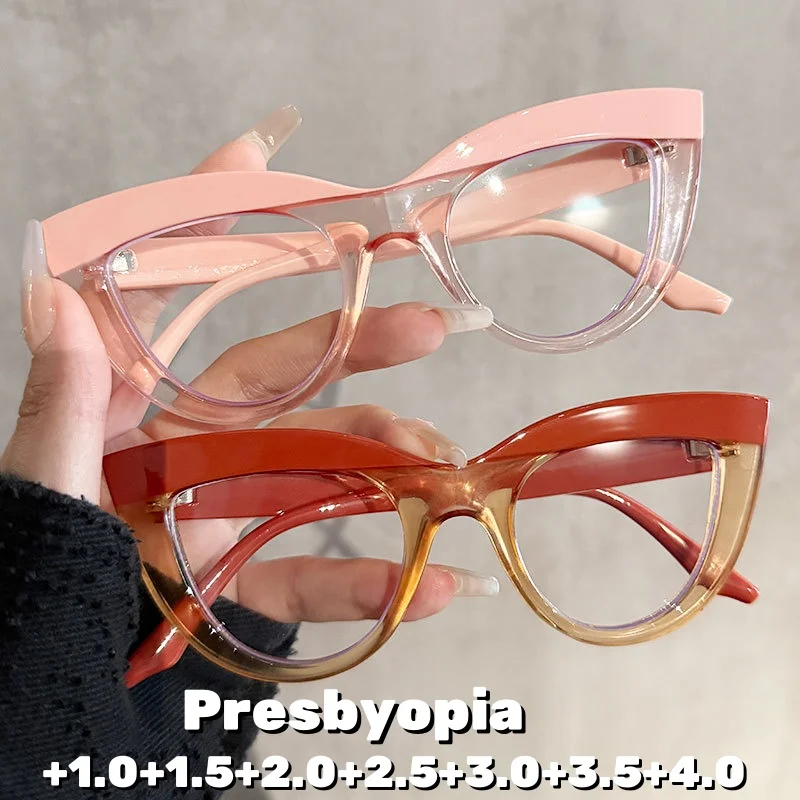 

New Small Cat Eye Reading Glasses Stylish Color Block Frame Far Sight Eyeglasses for Women Men Anti Blue Light Eyewear Diopter
