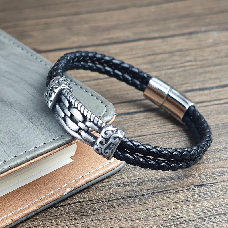 

Lucky Cloud Chain Pattern Leather Bracelet Simple Magnetic Buckle Stainless Steel Braided Bracelet Men's Jewelry Gift Wholesale