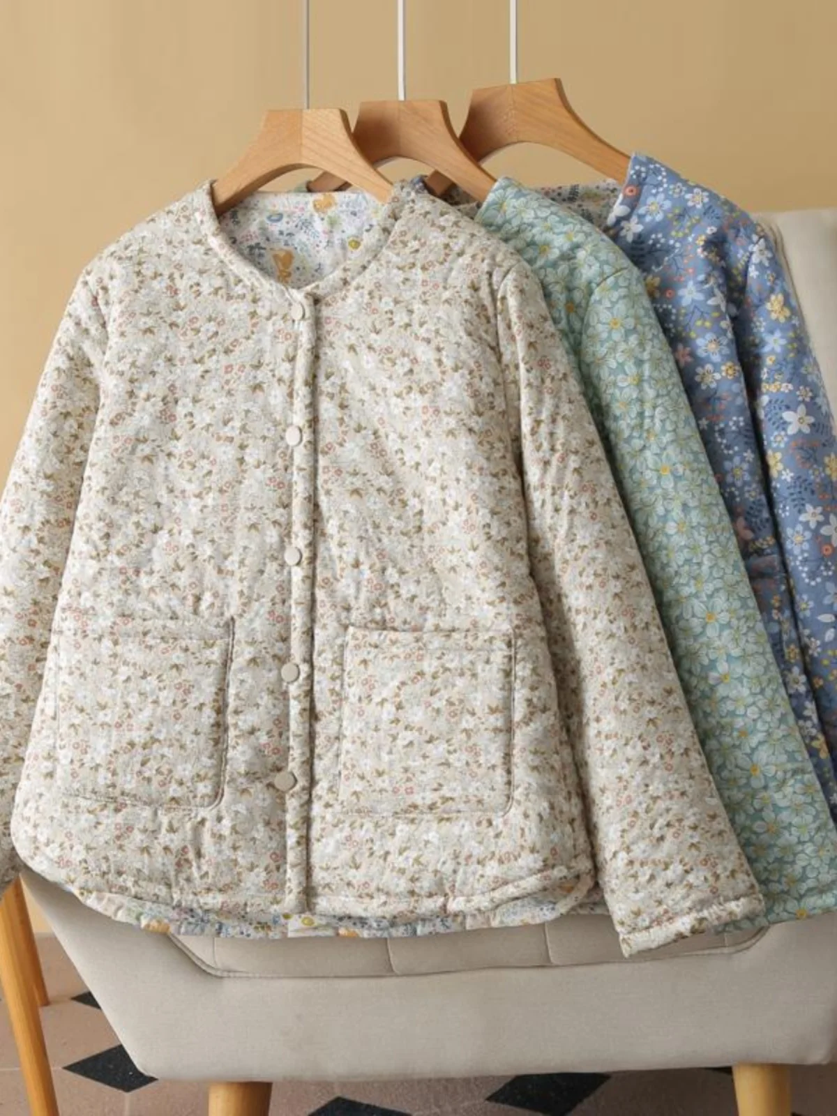 Winter Women's Double Layer Floral Print Cotton Jacket Large Size round Neck Single Button Double Pocket Warm Cotton Coat