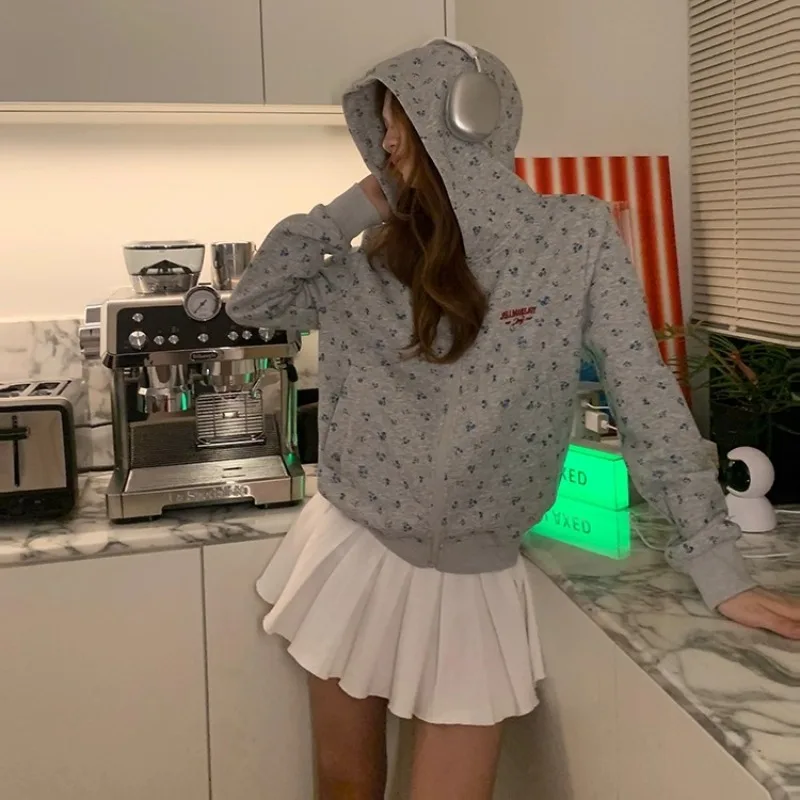 アメリカンレトロ花柄フード付きジャケット女性特大カレッジカーディガンスウェットシャツ秋冬ルーズカジュアル長袖トップ