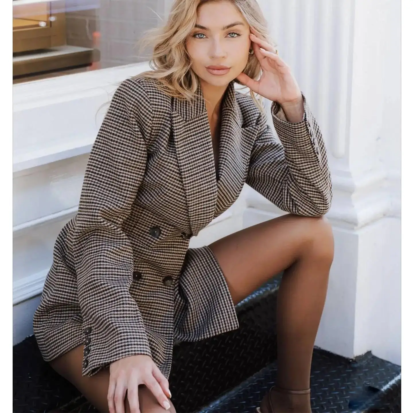 レトロな女性用冬用コート、ロング丈、折り返し襟、柄入り、ミドル丈スーツ、通勤に便利