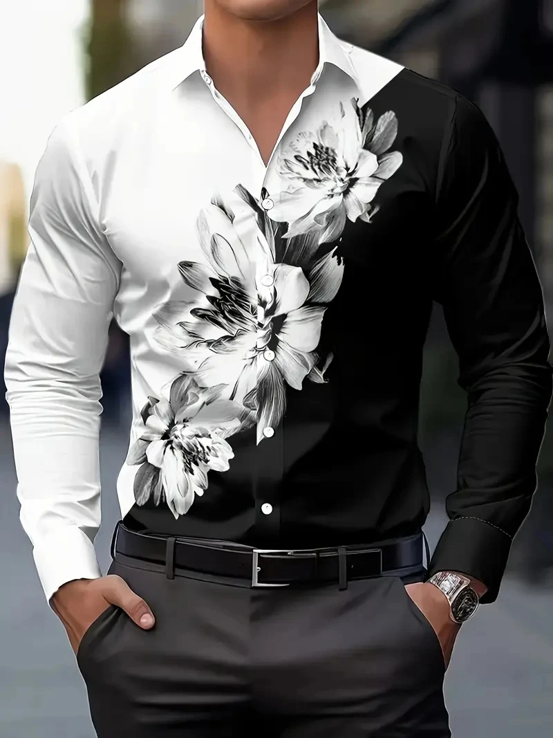 2025 Luxury Men's Floral Print Button Down Shirt Autumn Slim Fit Long Sleeve Collared Shirt Plus Size Men's Lapel Blouse Clothes