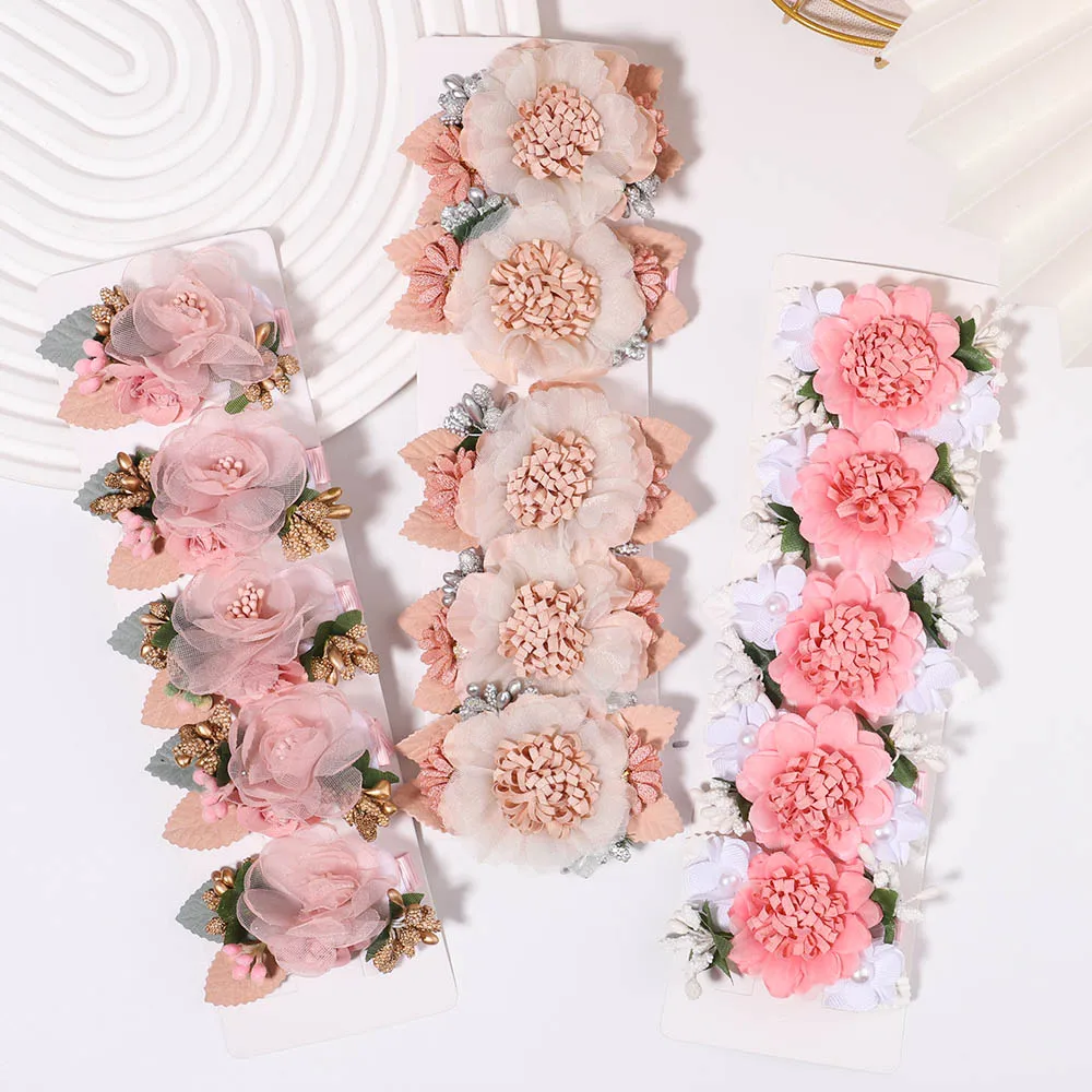 5Pcs/Set Artificial Flowers Hair Clips For Kids Girls Hairpins Pink Flowers Safety Clip Hair Decorate Headwear Hair Accessories