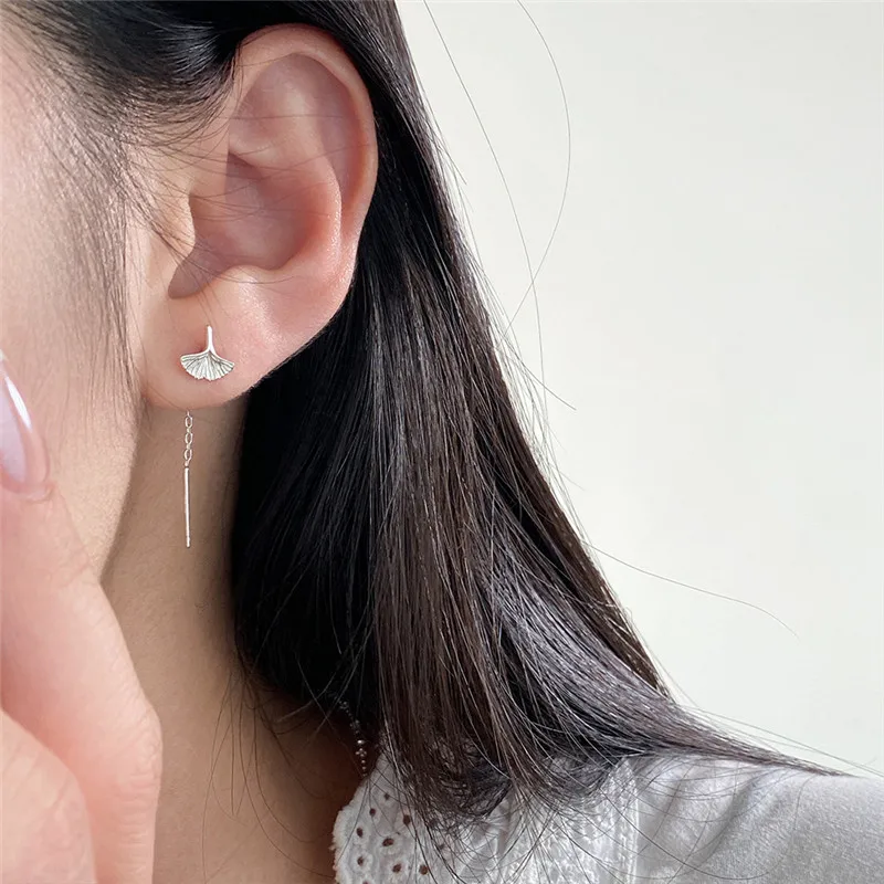 

Korean Style Minimalist Ginkgo Leaf Tassel Stud Earrings For Women S925 Pure Silver Fashion Charm Student Jewelry