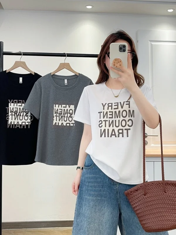 Summer Loose Fit Women's T-shirt Short Sleeve Letter Print Casual Comfortable round Neck Pullover Top Slimming Effect
