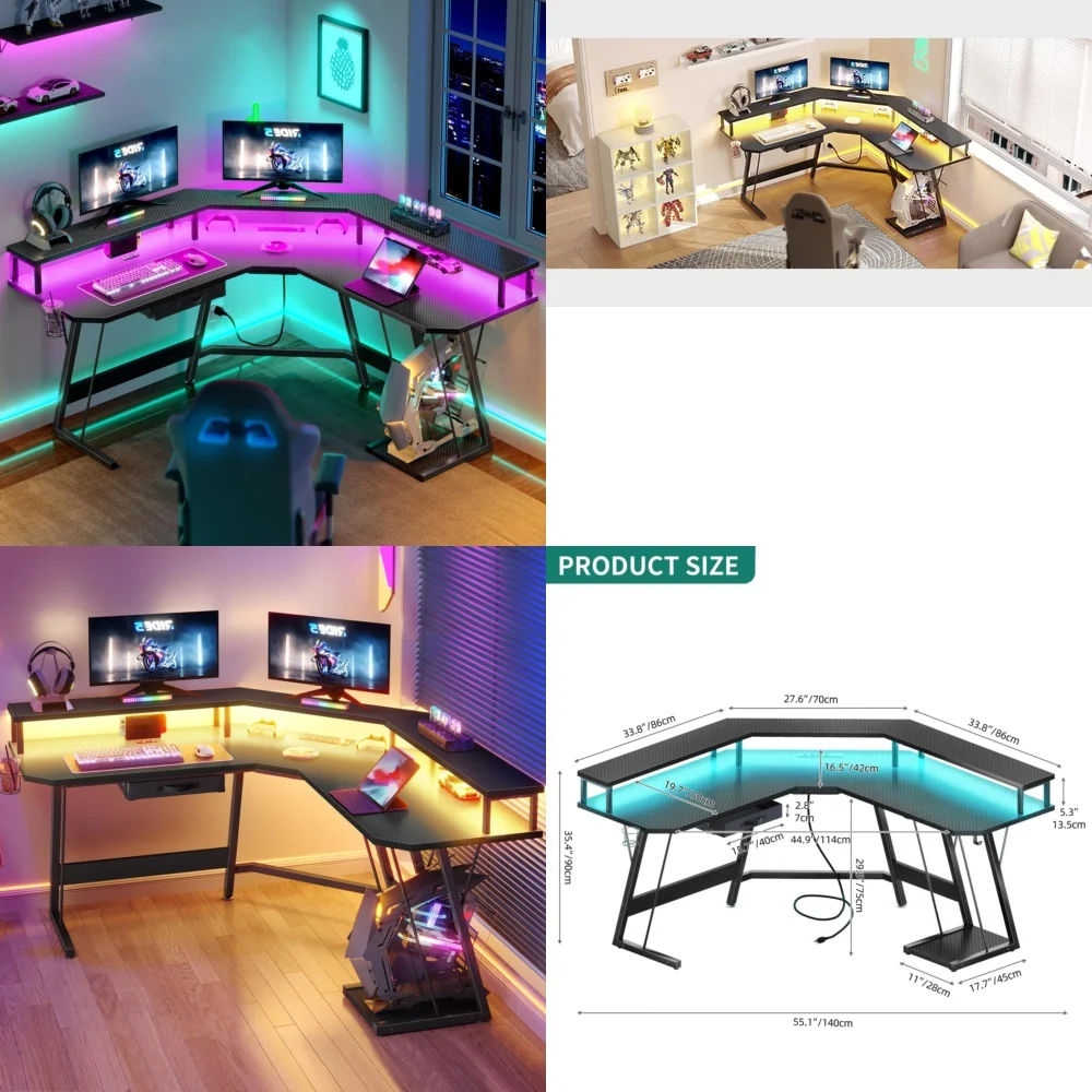 

Computer DesksL Shaped Gaming Desk Corner Computer Table with RGB Lighting and Built in Power Outlets