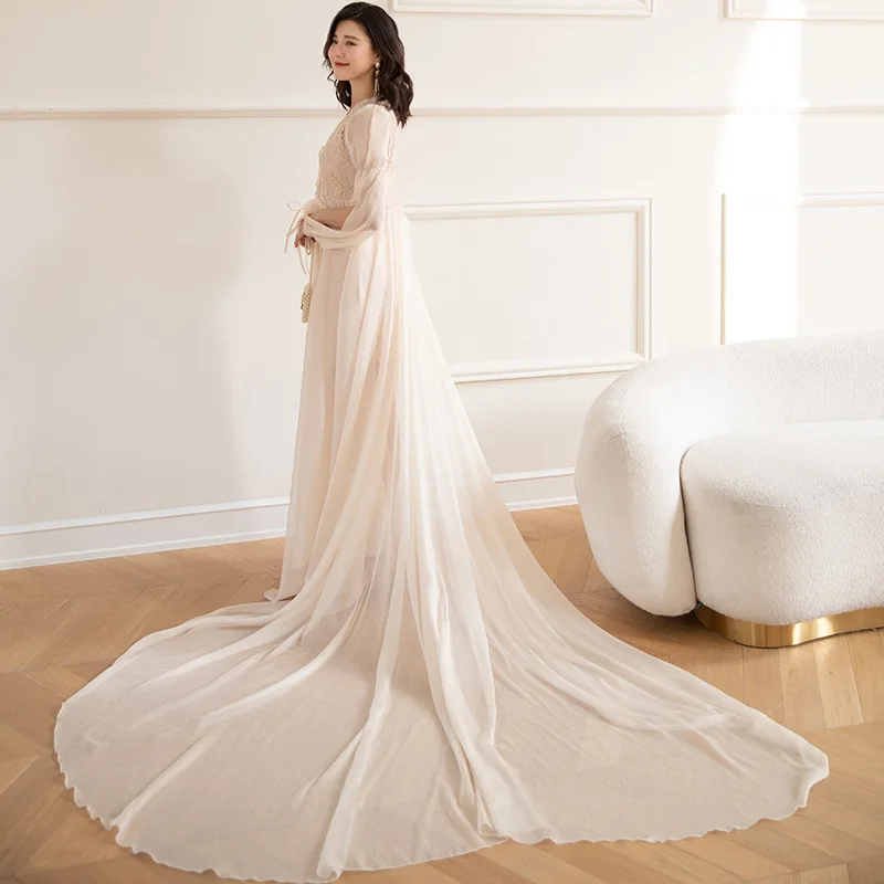 Trailing Wedding Gown PERSPECTIVE Bride Bridesmaid Kimono Robe Dress Sexy Hollow Out Nightwear Bathrobe Lace Sleepwear