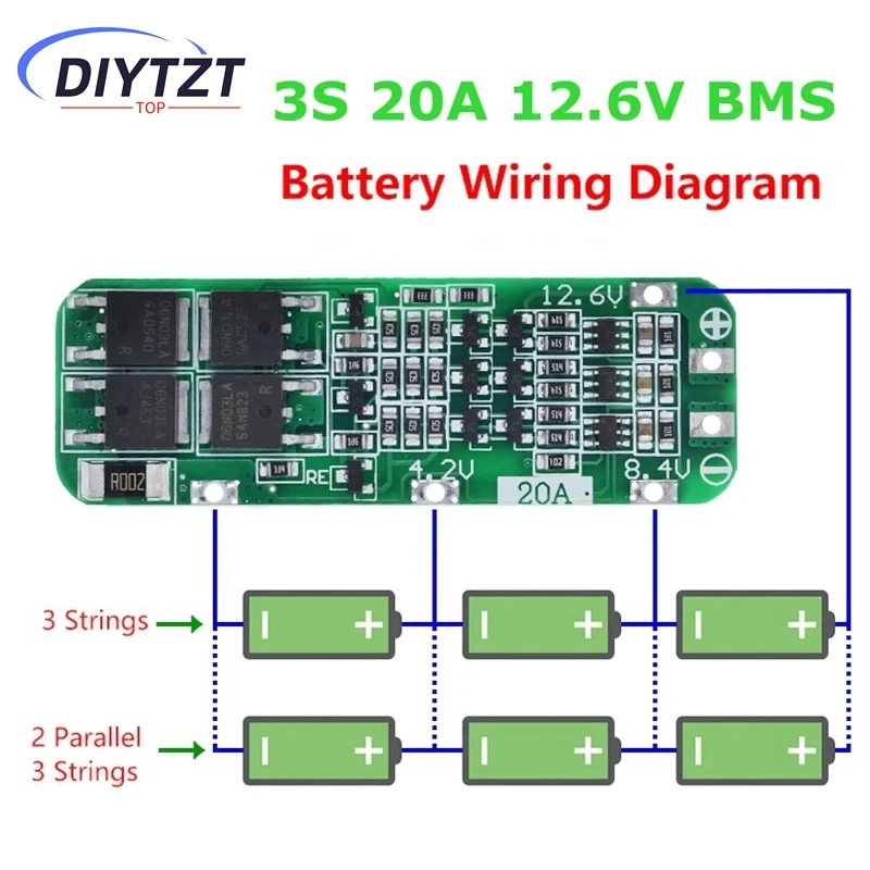 DIYTZT 3S 20A BMS 12.6V Li-ion Lithium Battery 18650 Charger PCB BMS Protection Board For Drill Motor 12.6V Lipo Cell Module