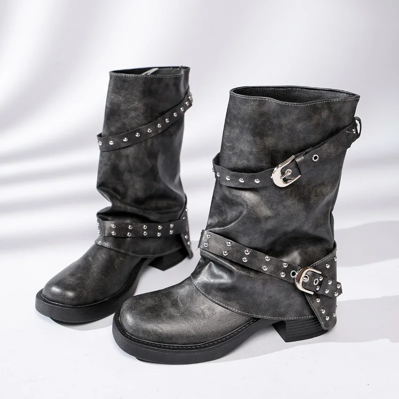 Women's 2026 New Autumn Round Head Pleated Pile Thick Heel Rivet Belt Buckle Pants Tube Boots