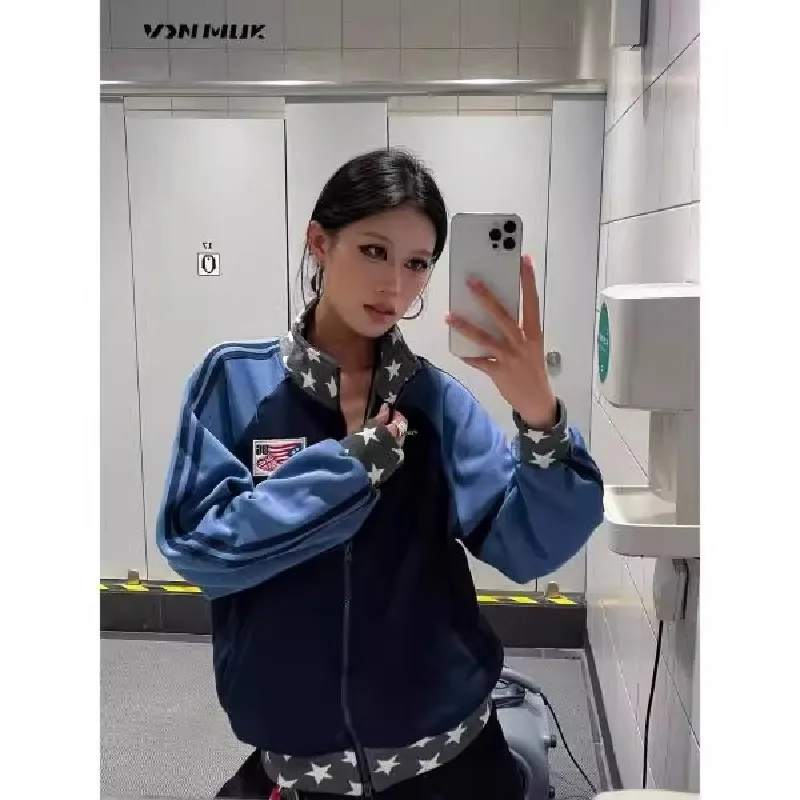 Women's Sporty Retro Star Print Short Jacket Color Block Collar Zipper Closure Cotton Blend Casual Outerwear