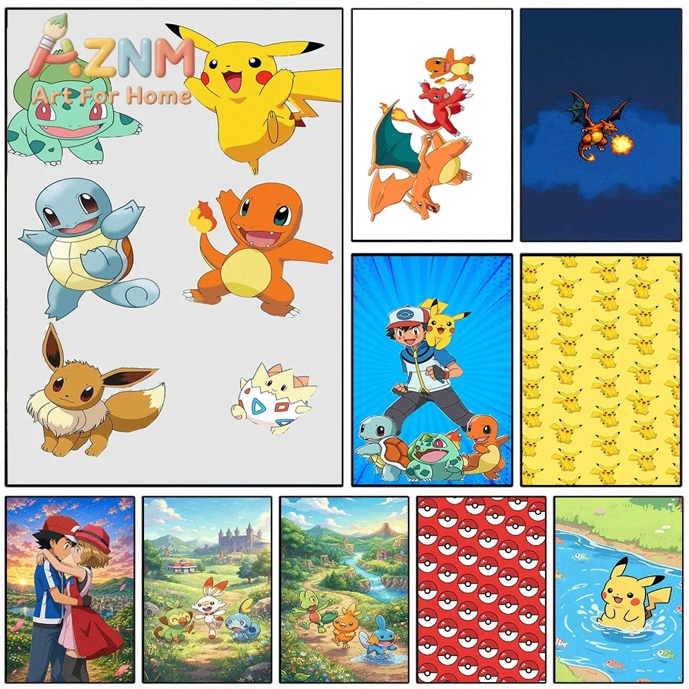 Classic Pokemon Starters Eevee Pikachu Canvas Wall Art No Frame Anime Print Poster Painting for Kids Bedroom Living Room Home