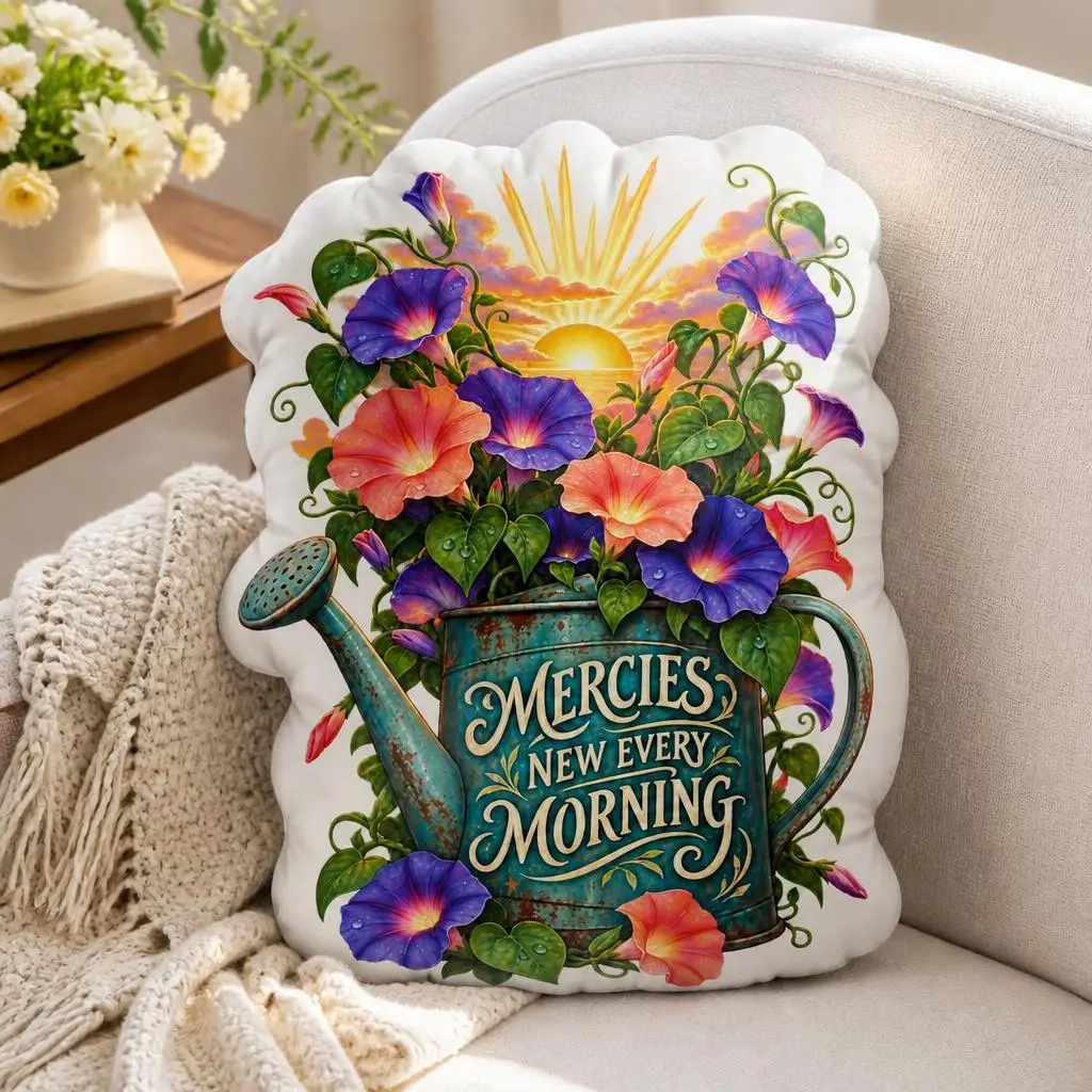 Mercies New Every Morning Christian Throw Pillow Bible Verse Sunrise Faith Cushion Irregular Plush Decorative Home Decor Gift