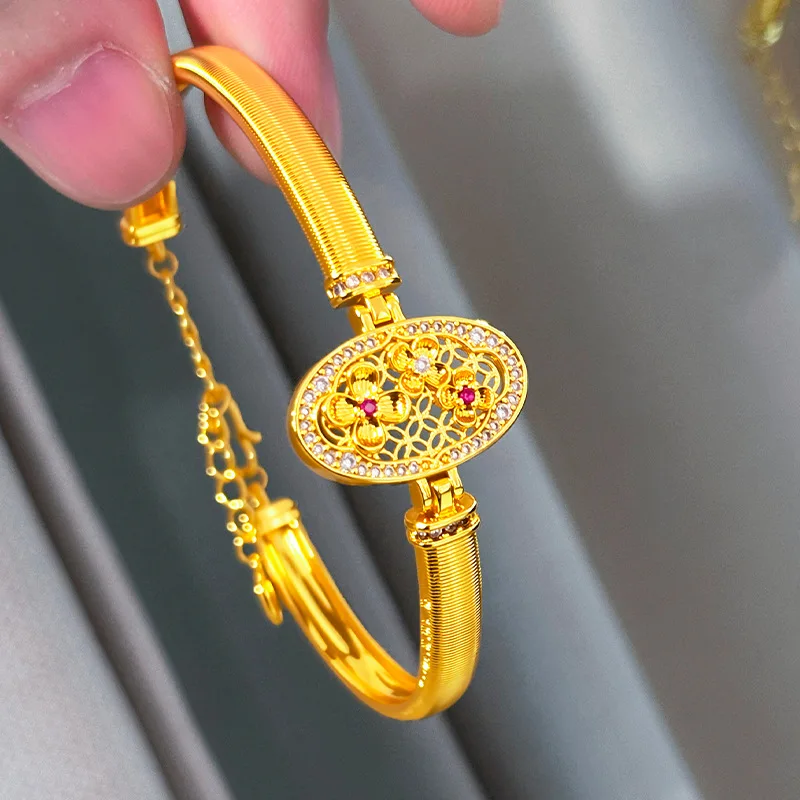Versatile Vintage Luxury 9999 24K Real Gold Dot Diamond Brushed Brocade Flower Window Bracelet Bracelet