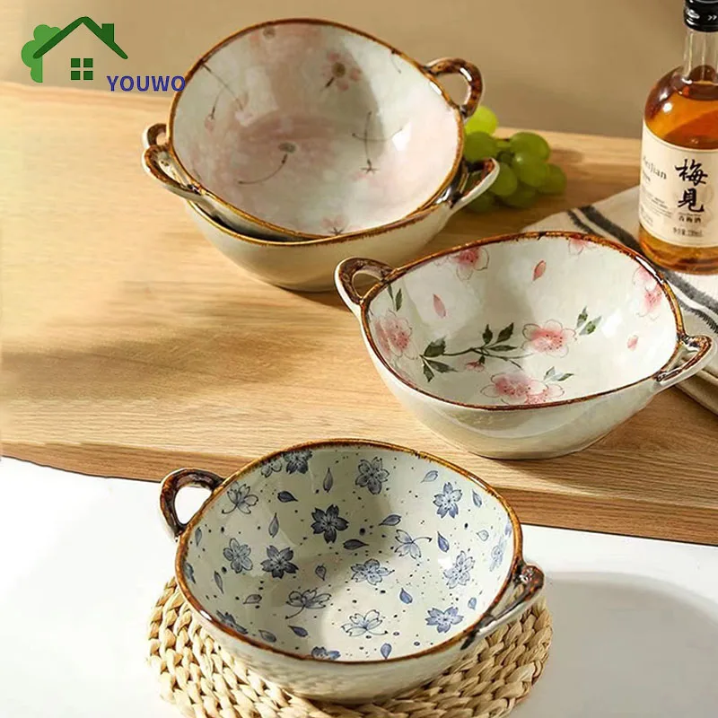 

700ml Ceramic Salad Bowl With Handle Kitchen Soup Noodle Bowl Fruit Plate Japanese Tableware Microwave Oven Pan Dropshipping