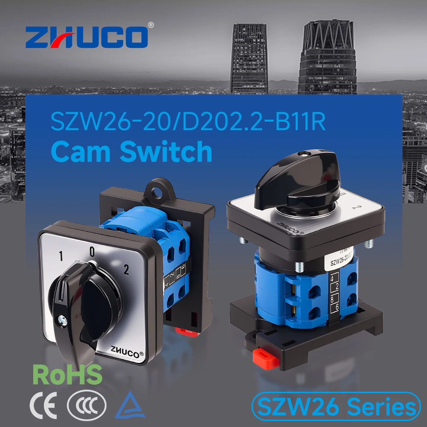 Zhuco 2/3 Position Selector Switch 20A 690V, 8-Terminal Universal Rotary Cam Selector with Locking Switch, Suitable for Distribution Cabinets, Machine Tools, Industrial Panels (Szw26-20/B11R, on Off On, on Off, on on)