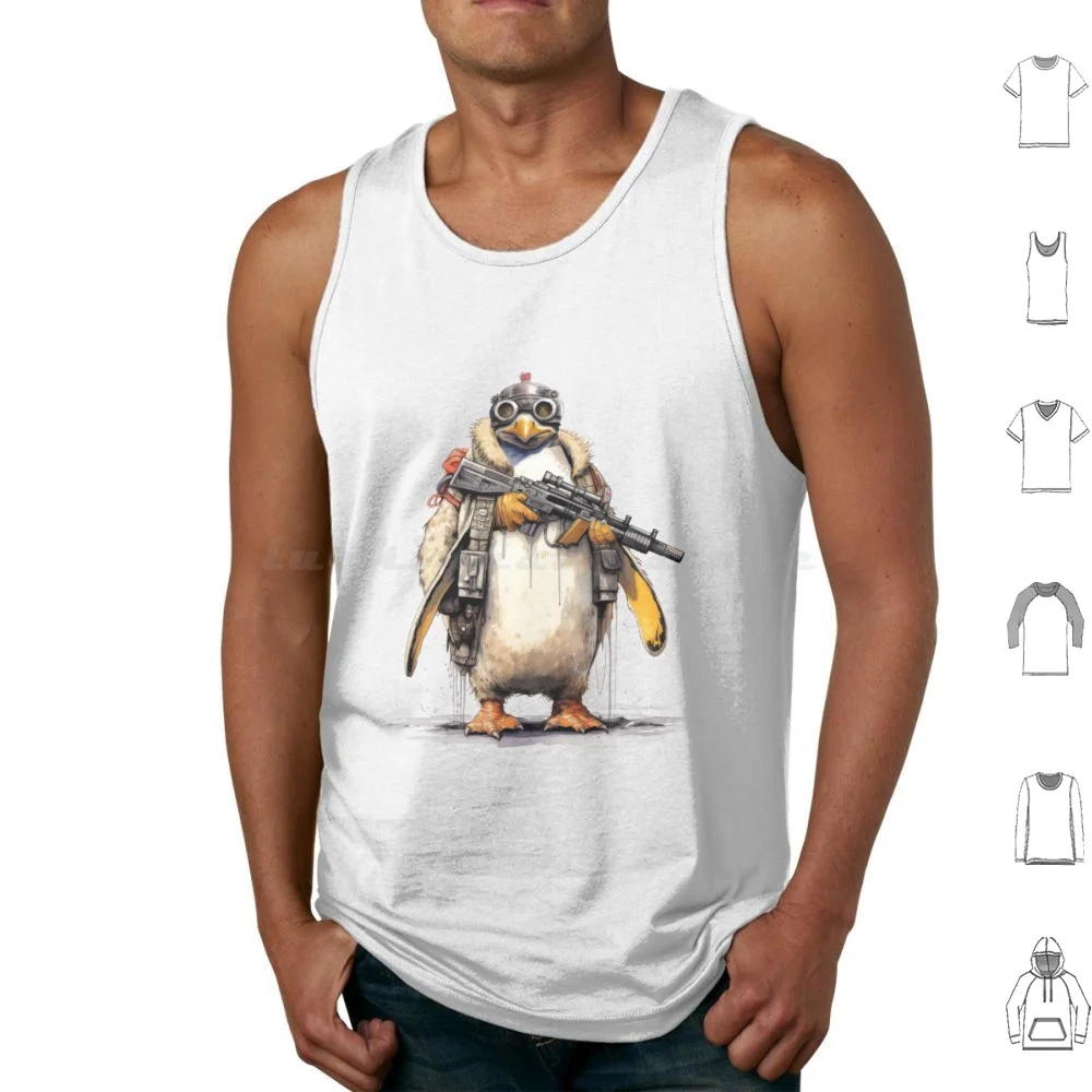 Specops Penguin Tank Tops Print Cotton Penguin Bird Antarctica Animal Military Rifle Soldier Weapon Pen Ink Weird Funny